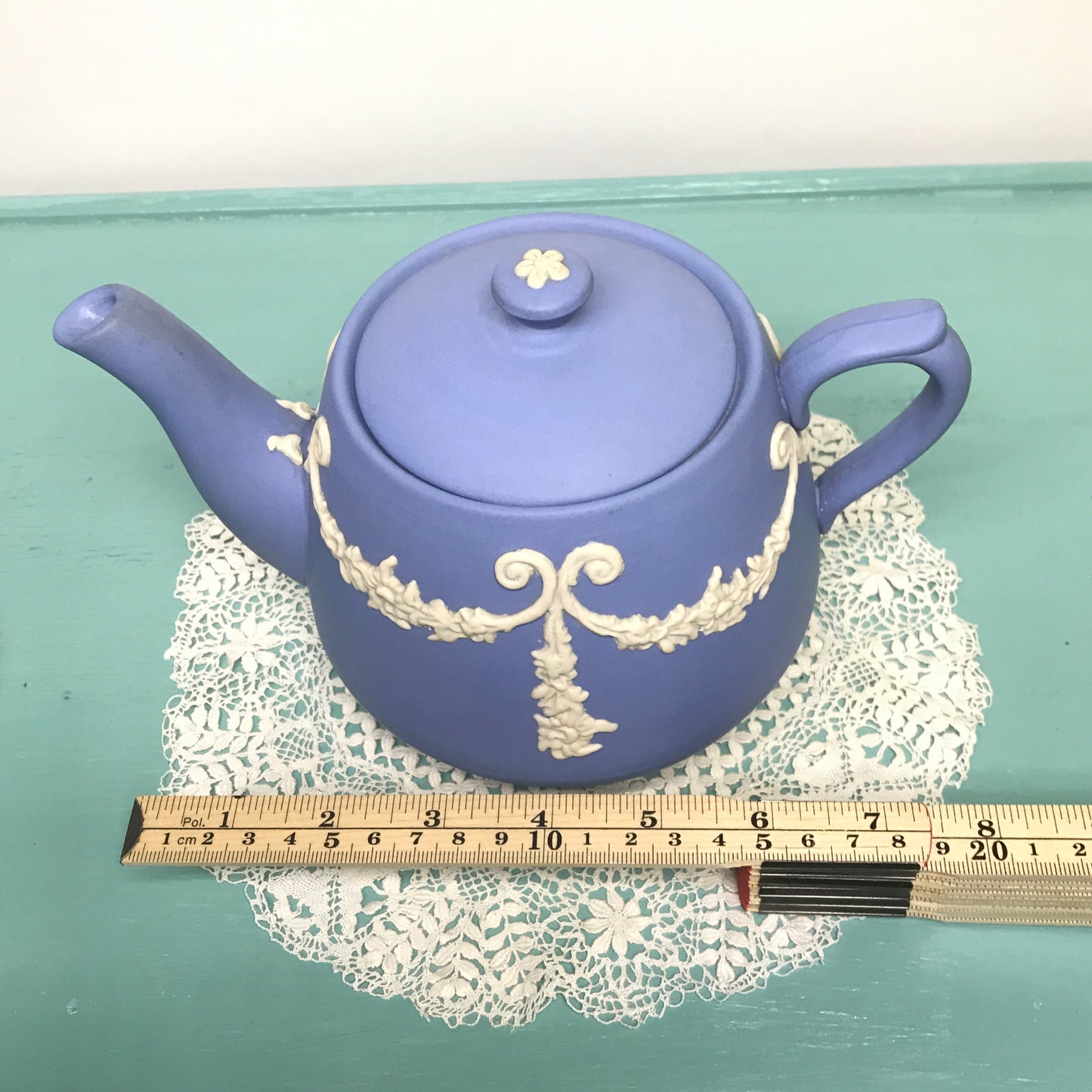 Vintage Ecanada White on Blue Jasperware Teapot