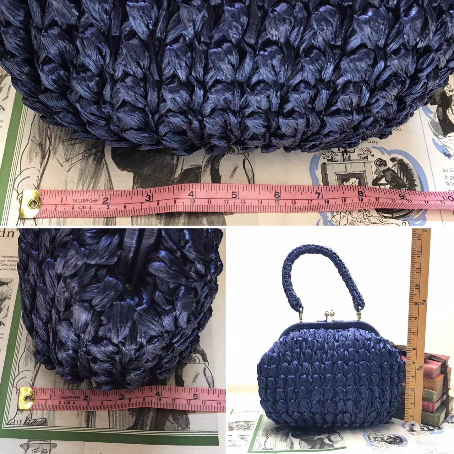 Vintage Duval Blue Raffia Top Handle Purse