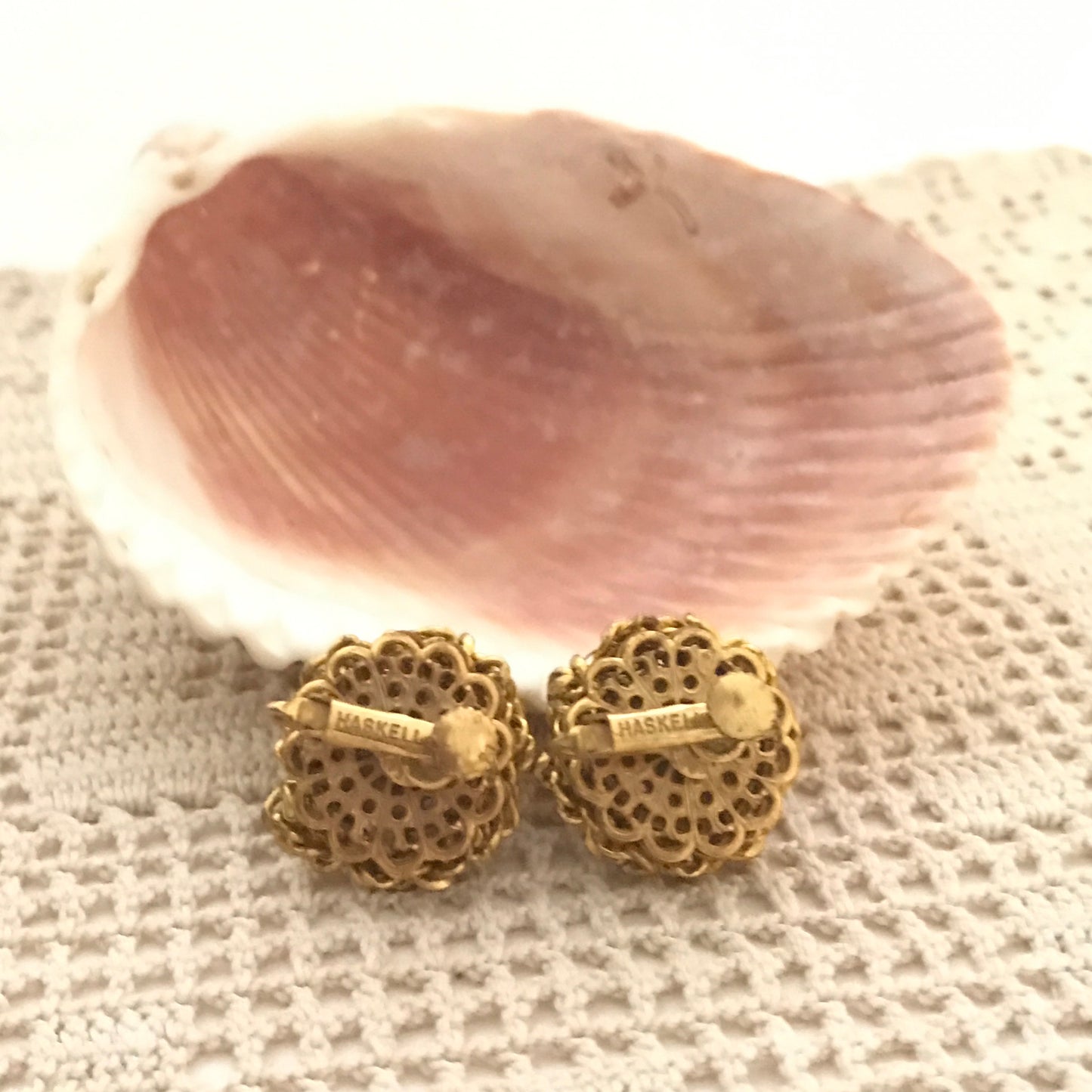 Miriam Haskell Signed Faux Pearl And Gold Button Earrings, Clip Ons with Tension Screws, Mabé Style Pearls