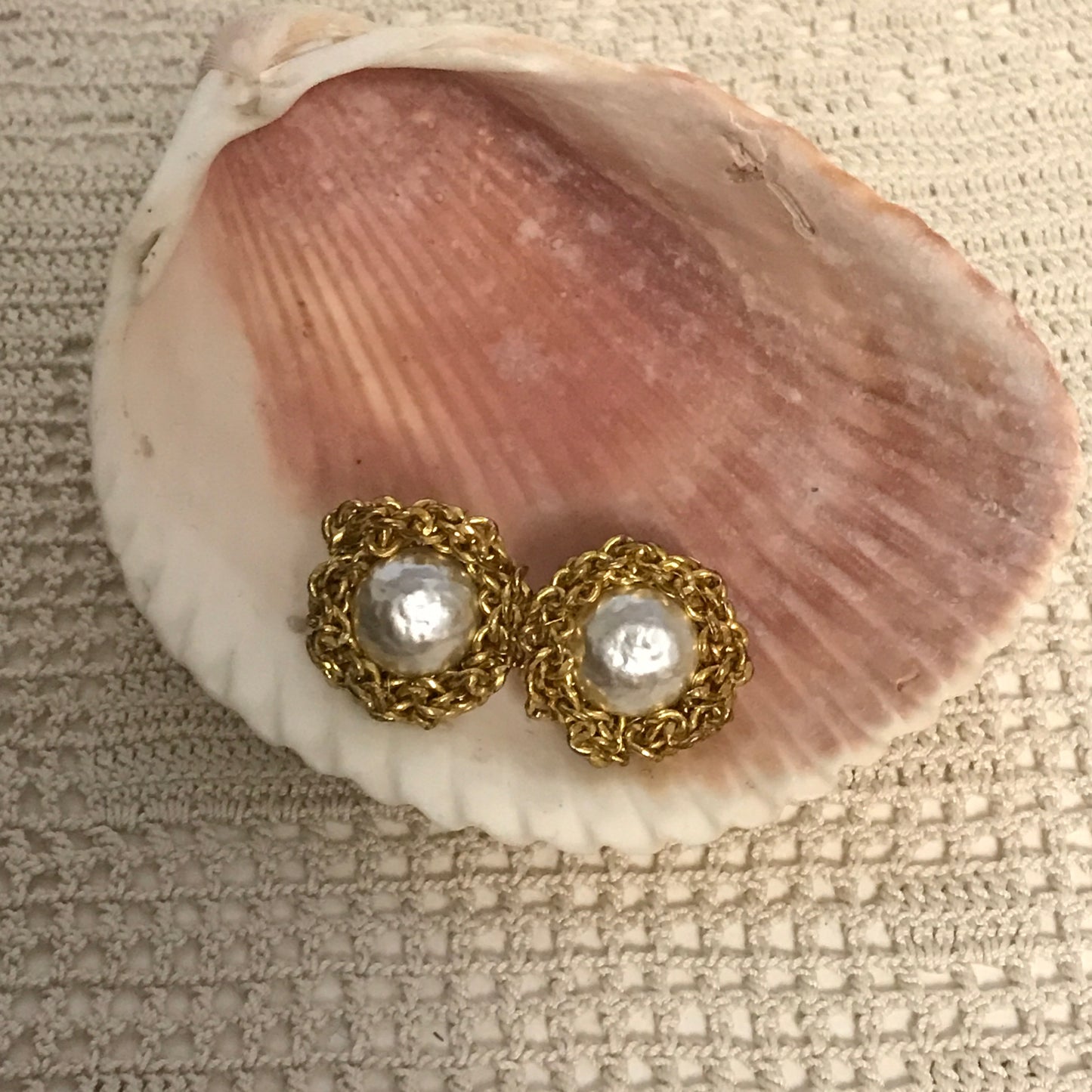 Miriam Haskell Signed Faux Pearl And Gold Button Earrings, Clip Ons with Tension Screws, Mabé Style Pearls