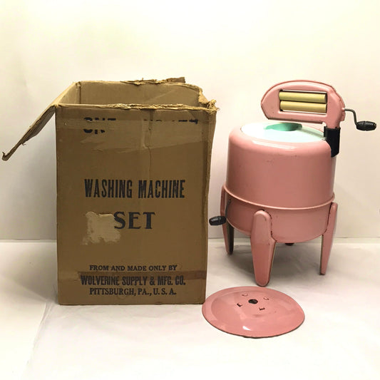 Vintage Pink Wolverine Wringer Washing Machine Toy, Clothes Line Base and Tattered Original Box Included.