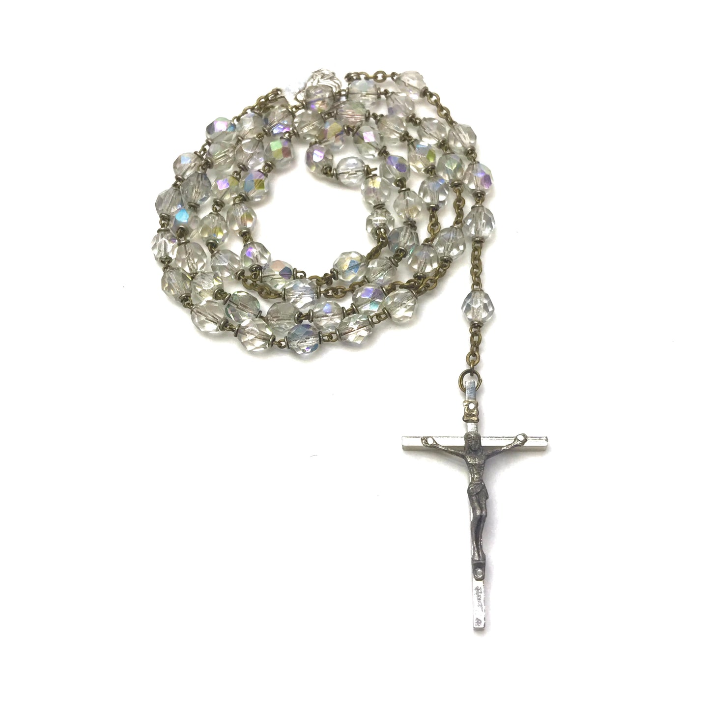Vintage Iridescent Faceted Glass Rosary Beads on Brass Chain