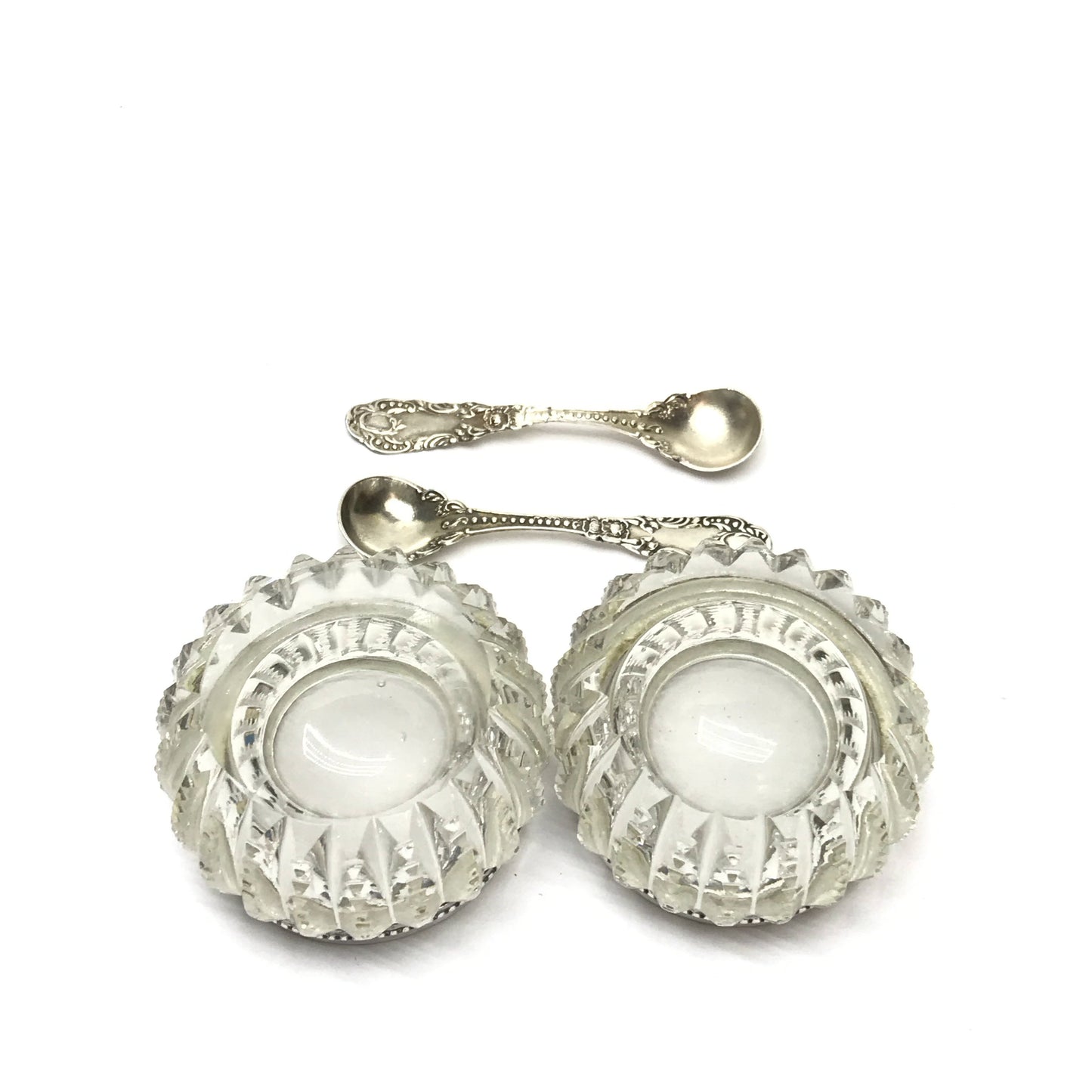 Pair of Open Glass Salt Cellars with Sterling Rims and Spoons