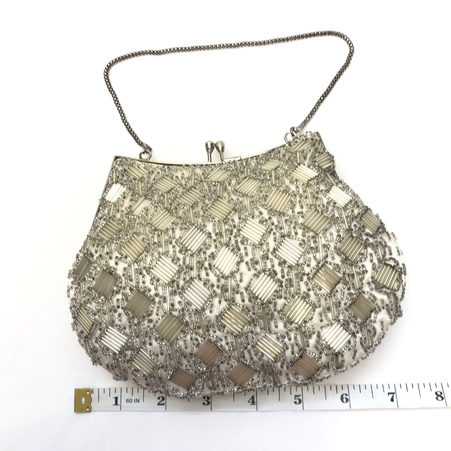 Vintage Beaded Purse with Geometric Design, Silver and Clear Beads, Silver Hardware, Evening Bag