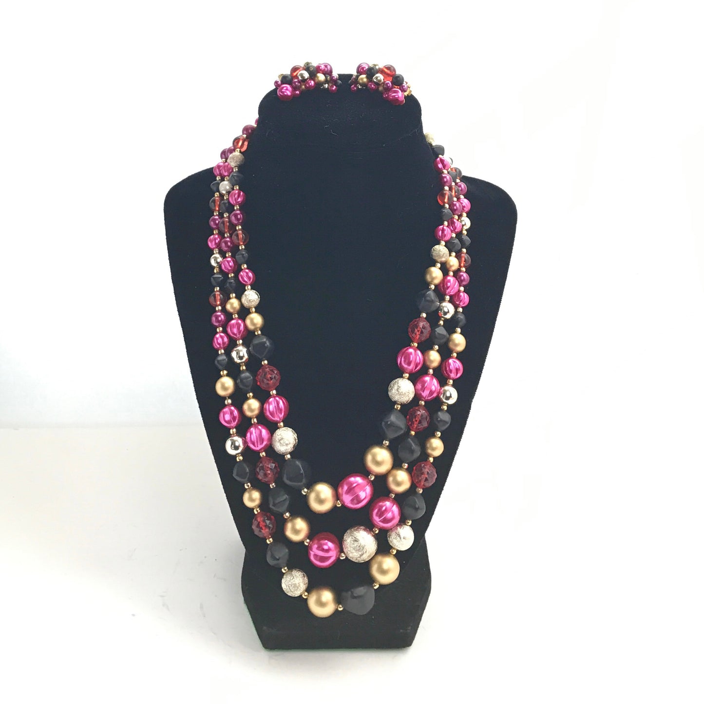 Vintage Fuchsia Beaded Necklace with Matching Clip Earrings, Costume Jewellery, Dress up Jewellery