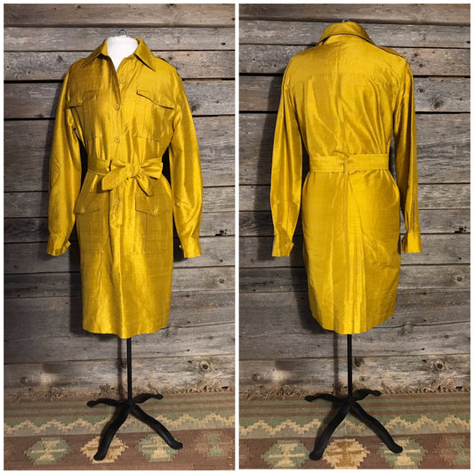 Isaac Mizrahi Gold Shirt Dress, 100% Silk, Tagged Size 8, c. 1990s, Retro Shirt Dress