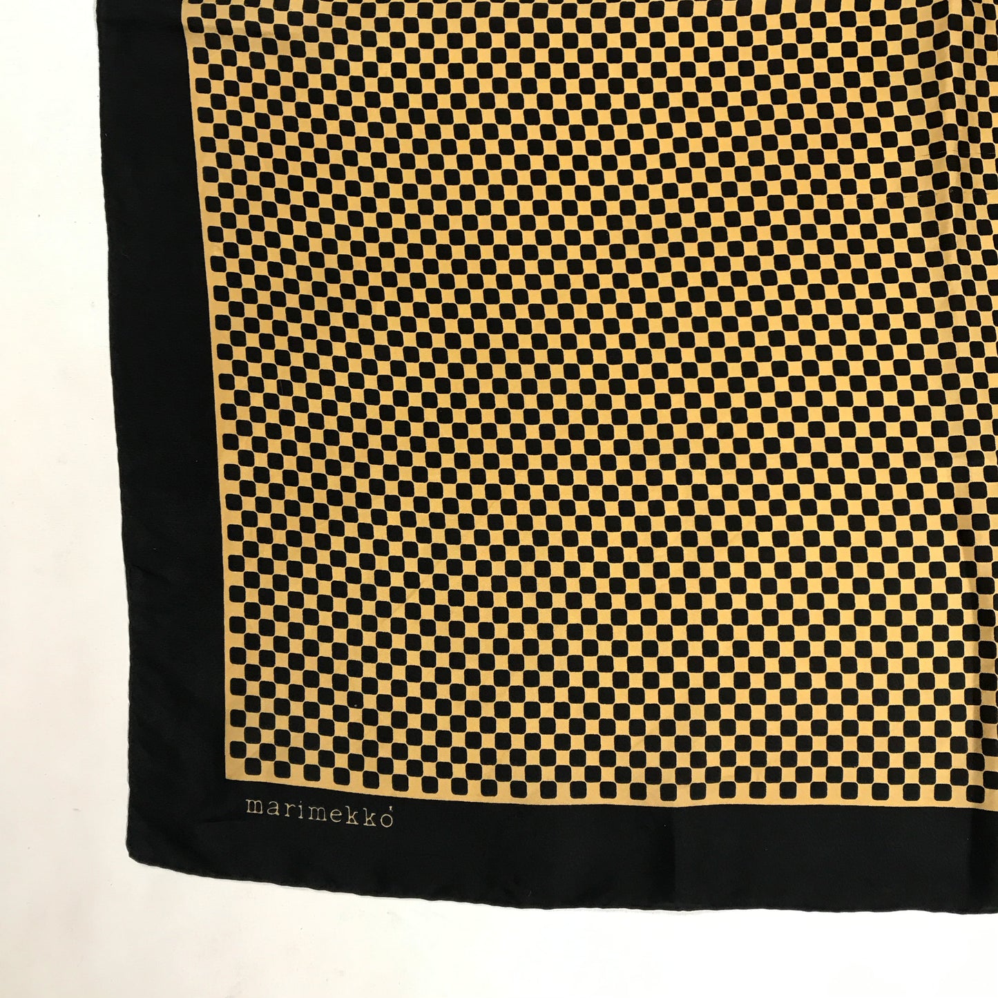 Marimekko Checkered Scarf. Dark Blue and Gold Small Checkerboard Pattern, MINOR FAULTS, Square 31 inches