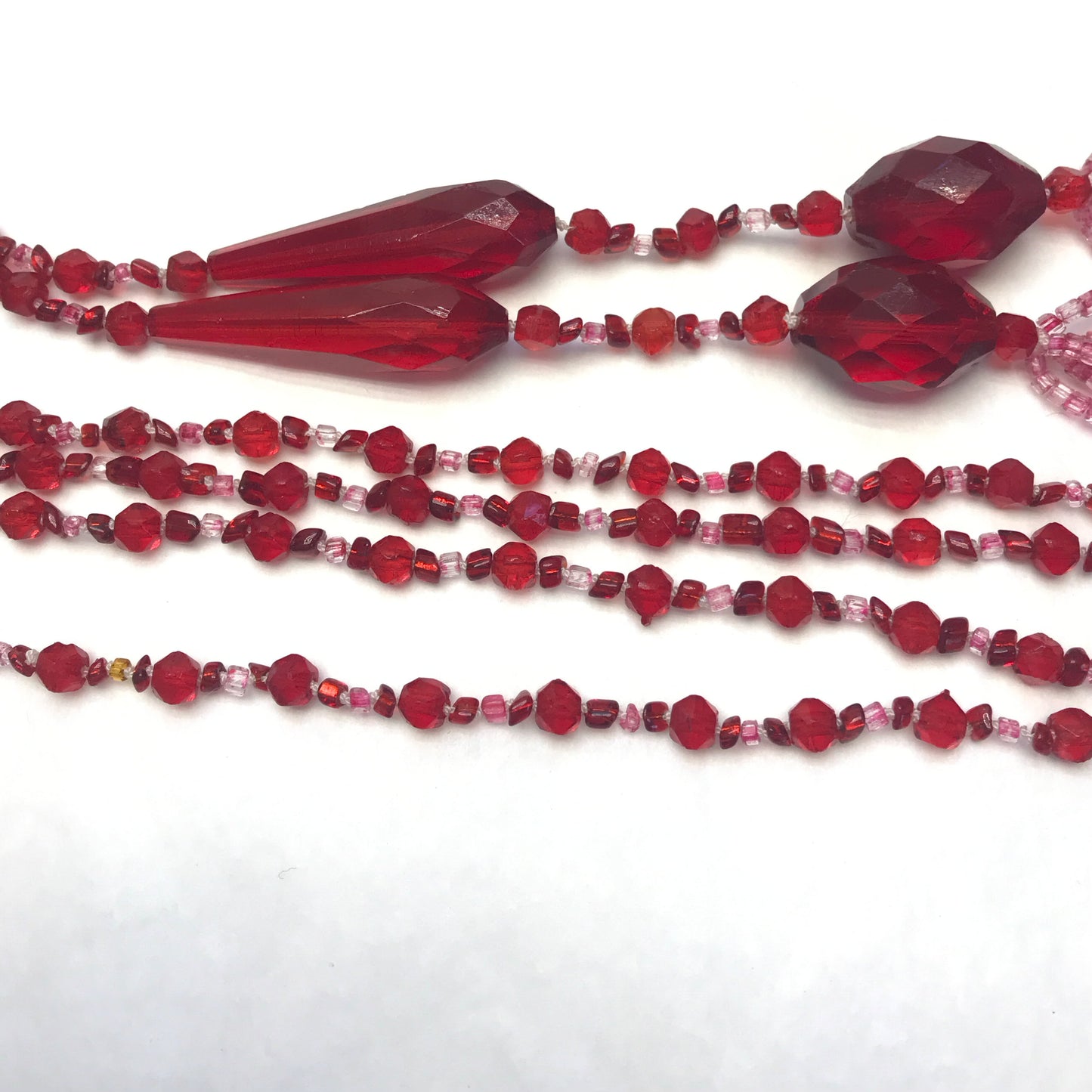 Vintage Red Glass Lariat Necklace 1920s Style Flapper Bead Strand with Tassels RESTRUNG