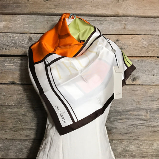 Trussardi Silk Scarf, Geometric Brown and Orange, New with Tags