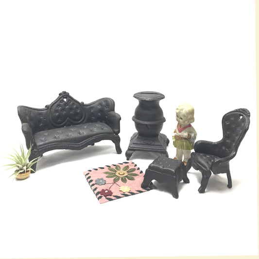 Miniature Cast Iron Living Room Furniture Set, Salesman’s Sampler Pot-Bellied Stove, Footstool, Sofa, Armchair