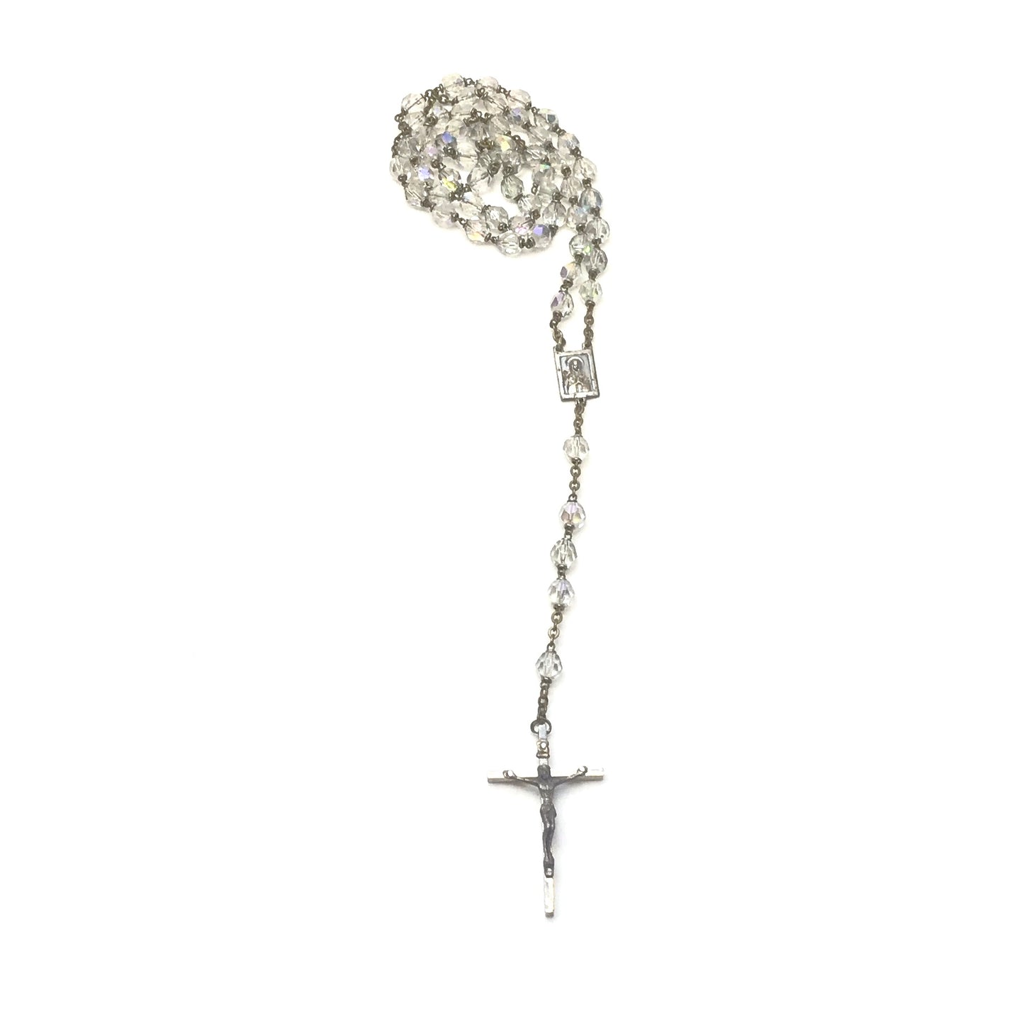 Vintage Iridescent Faceted Glass Rosary Beads on Brass Chain