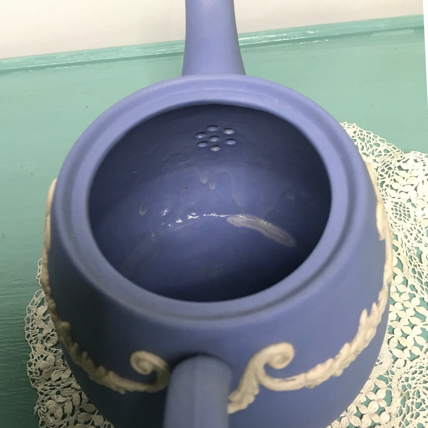 Vintage Ecanada White on Blue Jasperware Teapot