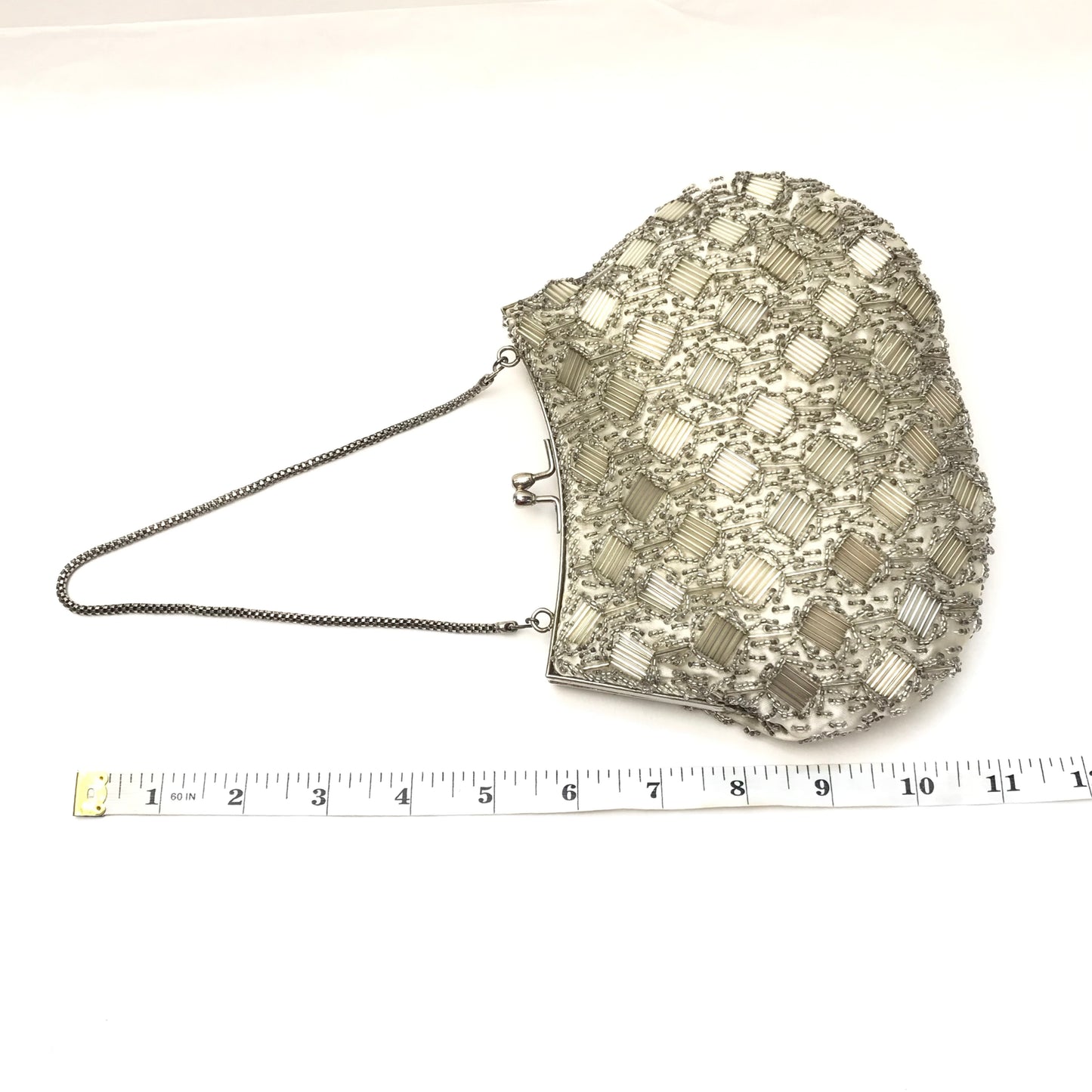 Vintage Beaded Purse with Geometric Design, Silver and Clear Beads, Silver Hardware, Evening Bag