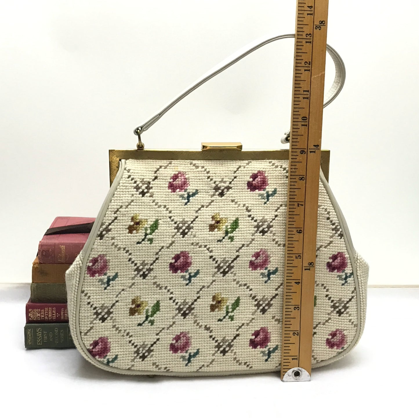 Unlabelled Floral Tapestry Purse with Leather Details