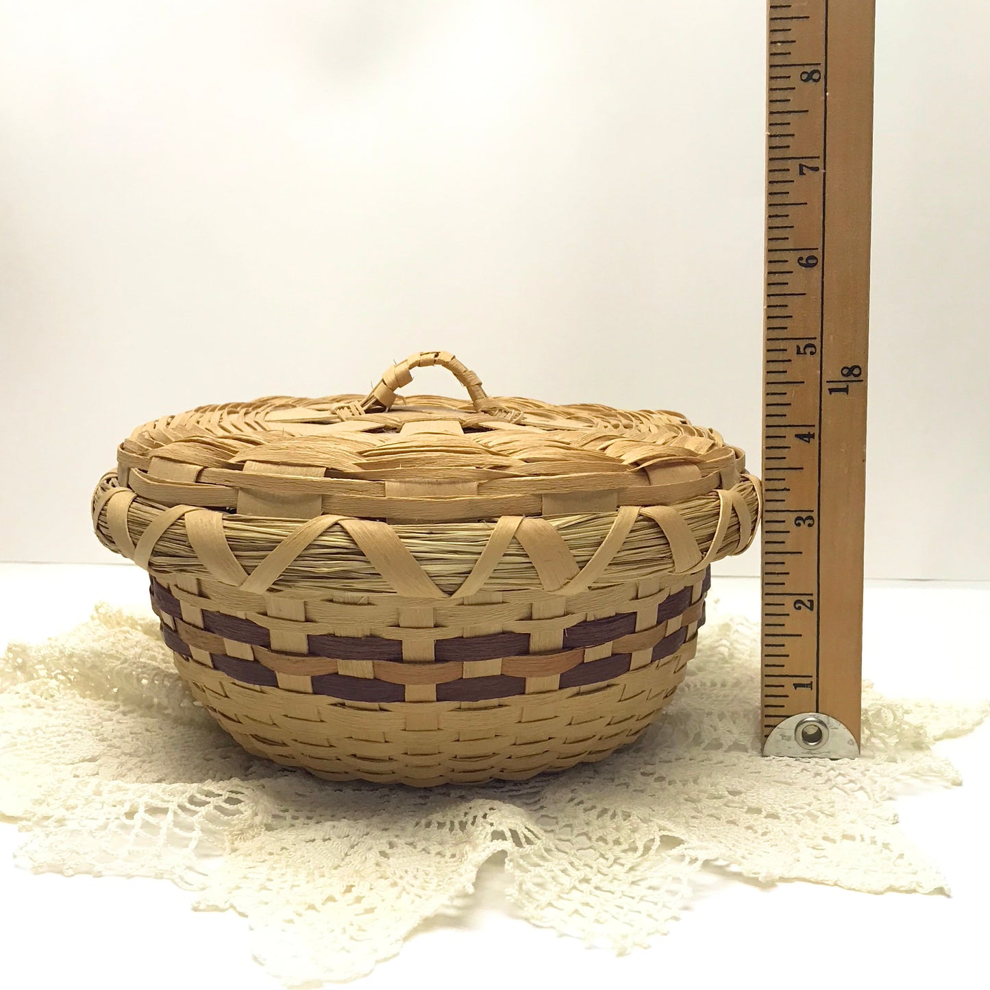 Native Sewing Basket, Mi’kmaq Lidded Basket, Hand Woven Round Basket, Signed and Dated