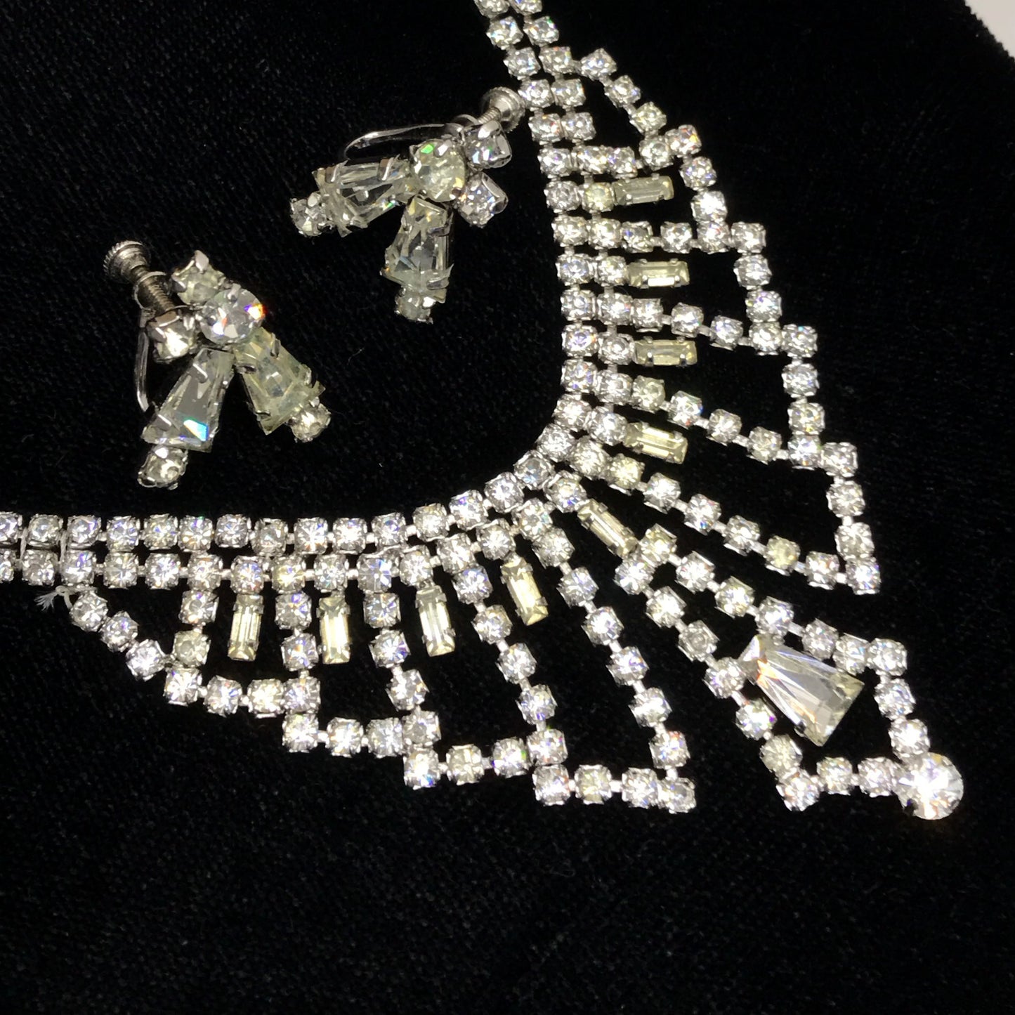 Jay Flex Necklace and Screwback Earrings Set, Art Deco Design, Sterling Set Rhinestones