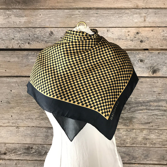 Marimekko Checkered Scarf. Dark Blue and Gold Small Checkerboard Pattern, MINOR FAULTS, Square 31 inches