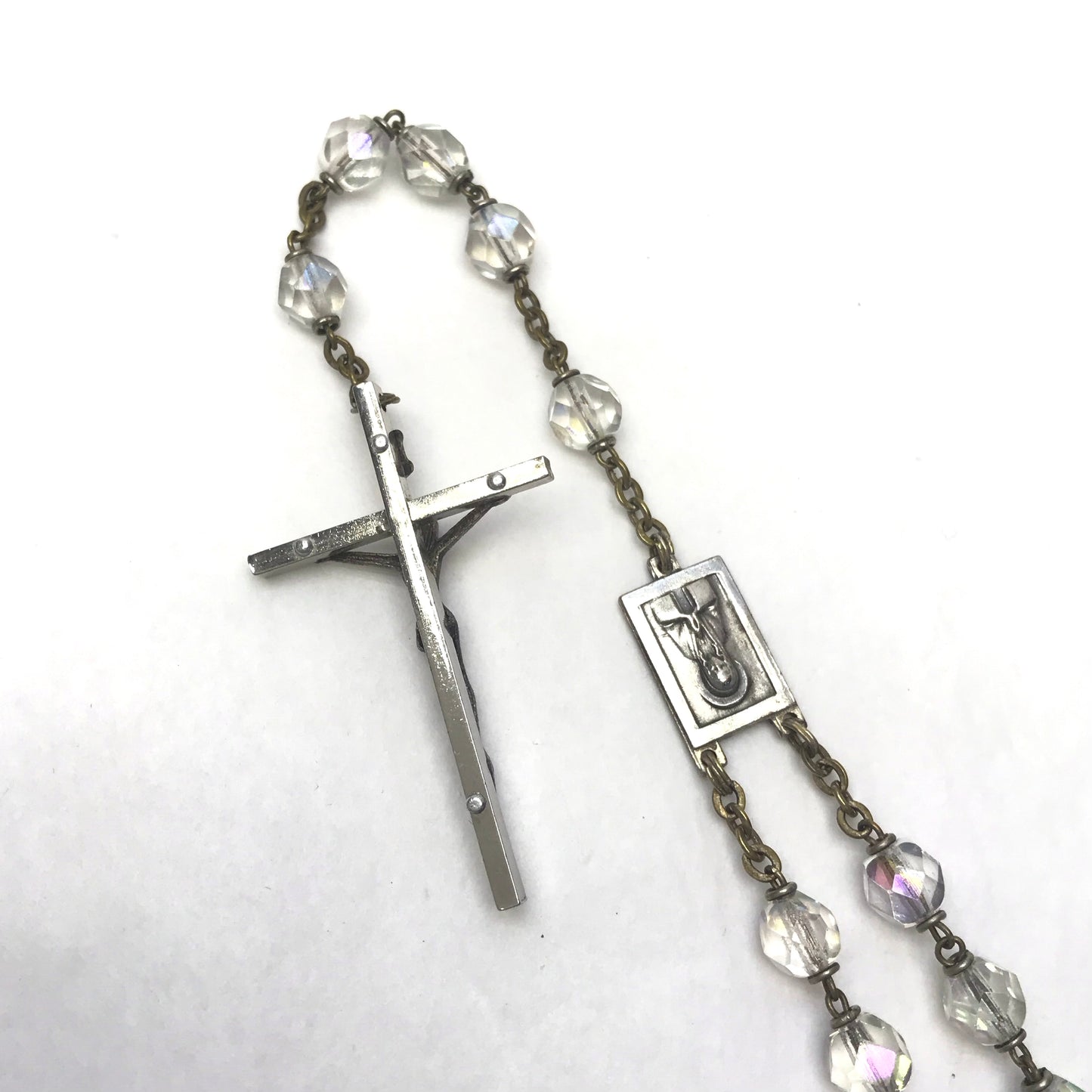Vintage Iridescent Faceted Glass Rosary Beads on Brass Chain