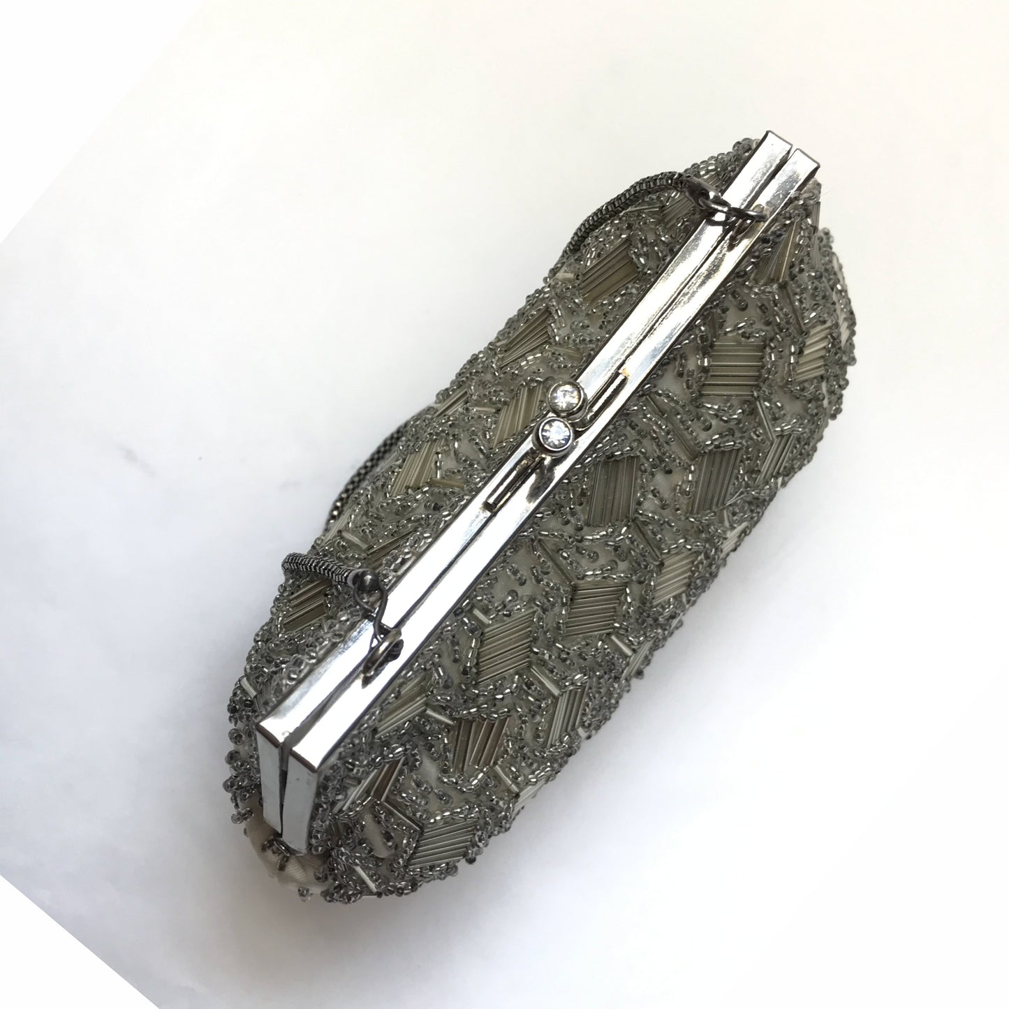 Vintage Beaded Purse with Geometric Design, Silver and Clear Beads, Silver Hardware, Evening Bag