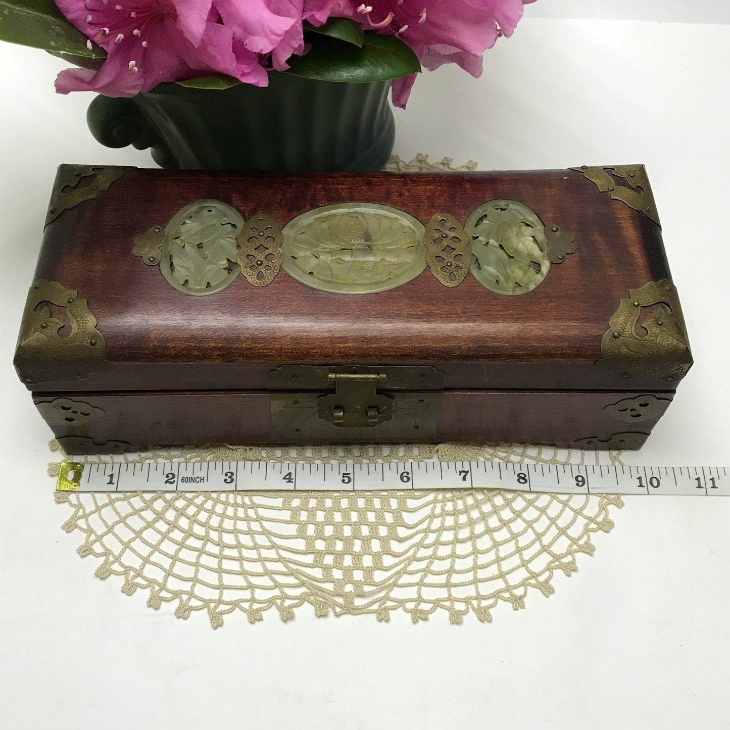 Chinese Jewellery Box with Brass & Jade Accents