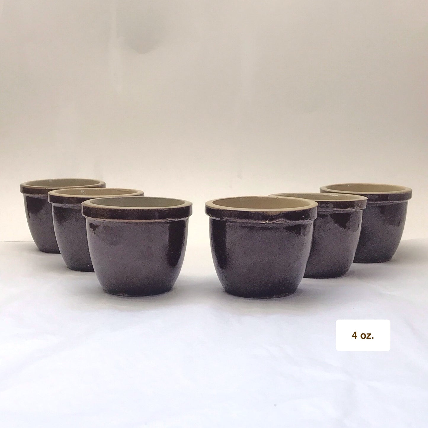 6 Small Stoneware Ramekins, 4 Ounce Vintage Pudding Cups, ONE AT FAULT