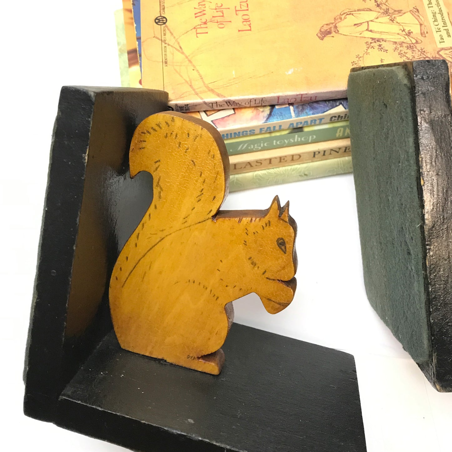 Handmade Wooden Squirrel Book Ends, Carved and Decorated Book Ends made from Reclaimed Wood, Circa 1930s-40s, Rustic Shelf Decor