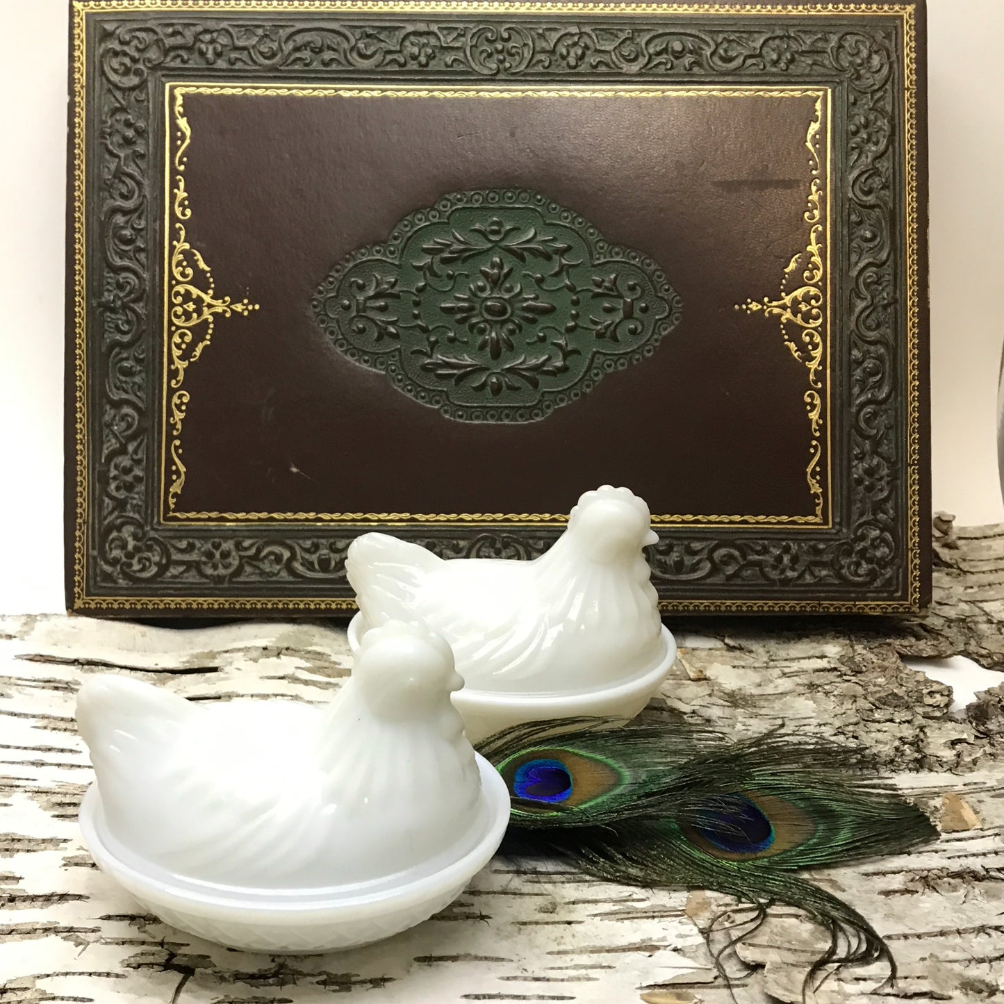 Pair of Small Milk Glass Hen-Shaped Dishes