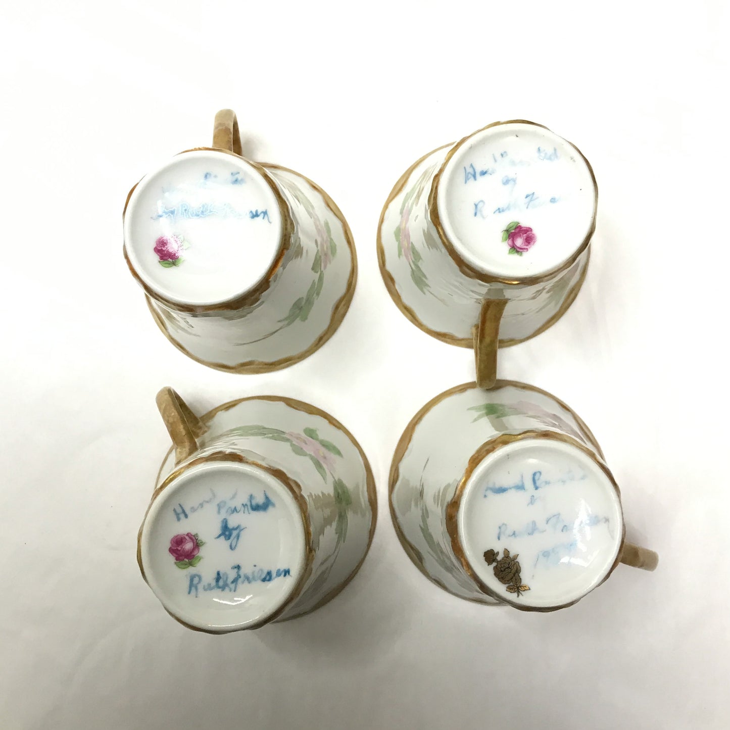 4 Hand Painted Demitasse Tea Cups & Saucers, Signed Do It Yourself Pieces, Dated 1987