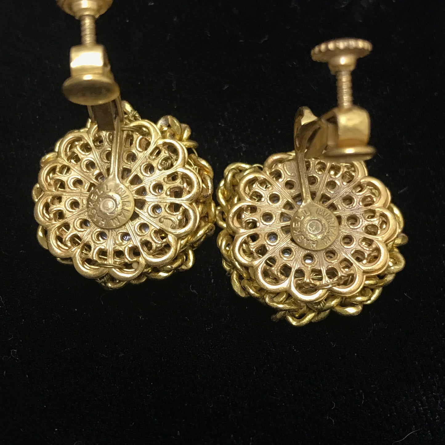 Miriam Haskell Signed Faux Pearl And Gold Button Earrings, Clip Ons with Tension Screws, Mabé Style Pearls