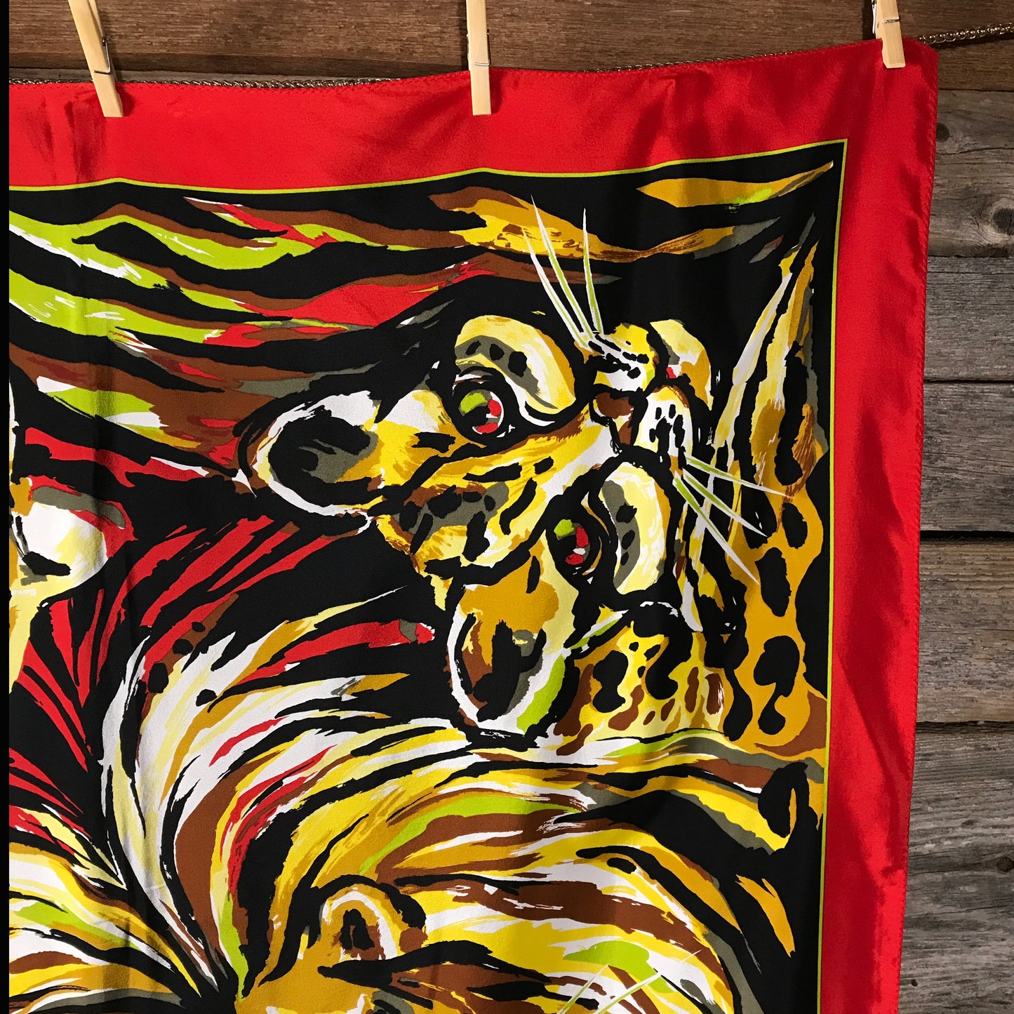 BOB MACKIE Wild Cat Silk Scarf, Large Scarf with Heads of Lion, Tiger, Leopard, & Cheetah (SOLD)