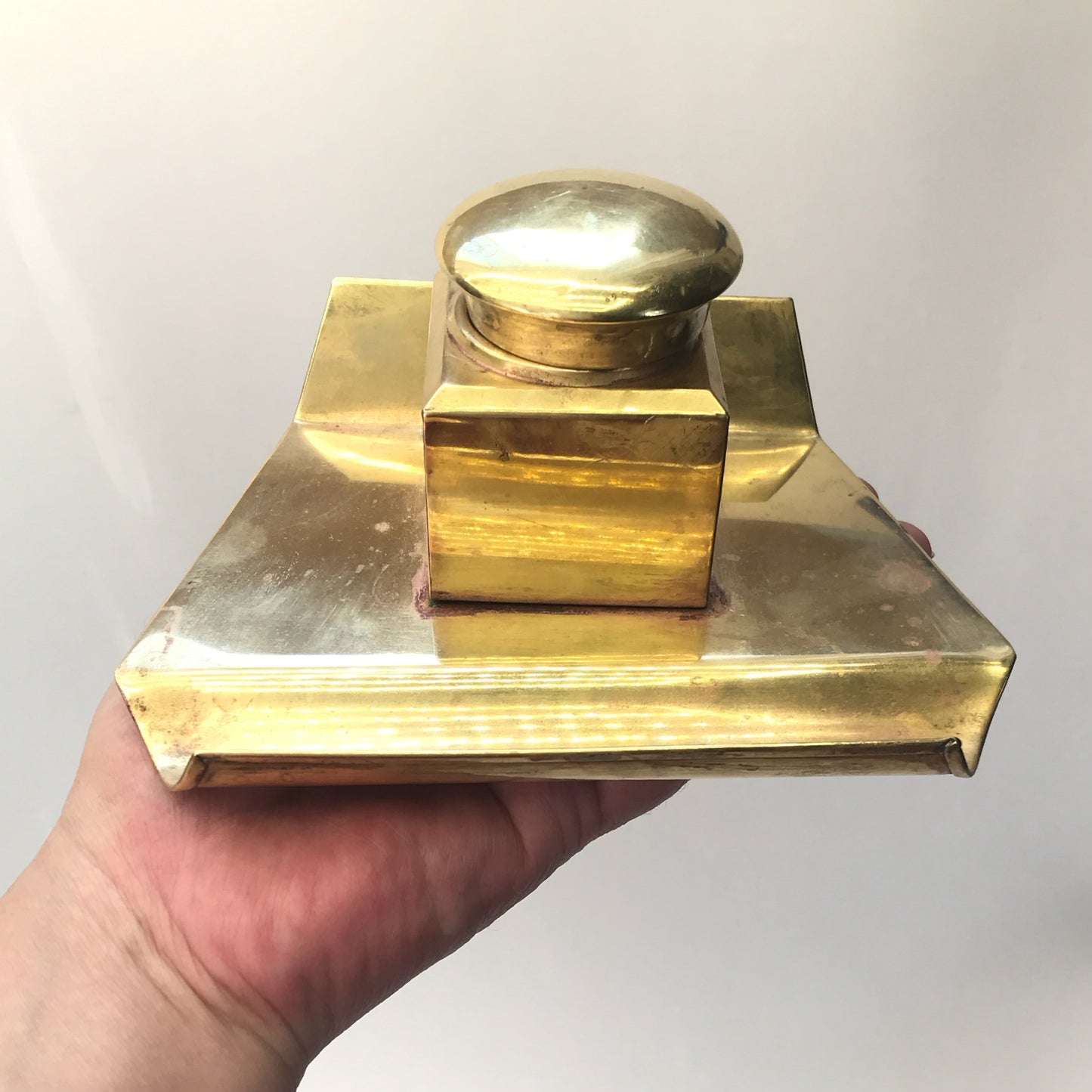 Vintage Brass Plated Copper Inkwell with Glass Liner, Military Style Fountain Pen Inkwell, SIGNIFICANT WEAR and DISTRESS