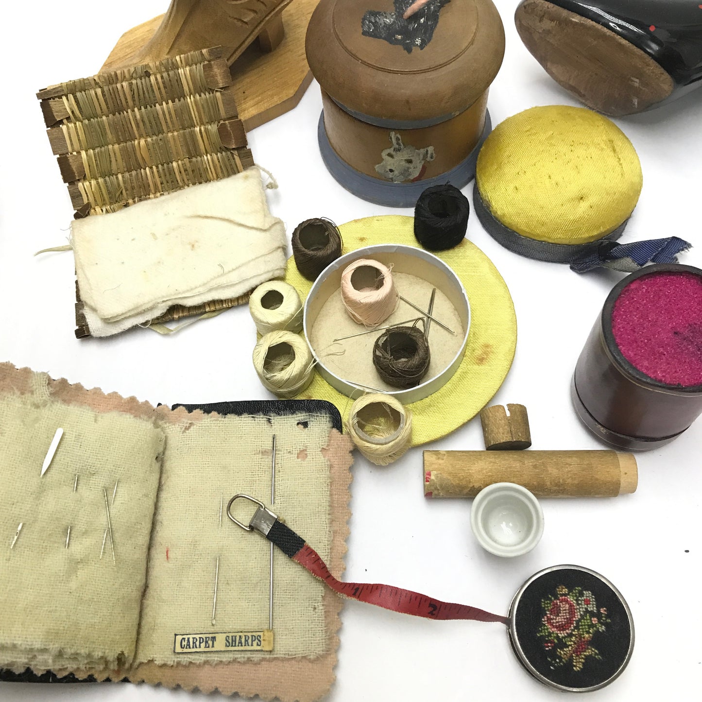 12 Piece Vintage Sewing Accessories Lot, AGE and WEAR to pieces, Needle Books, Sewing Kits, Pin Cushions