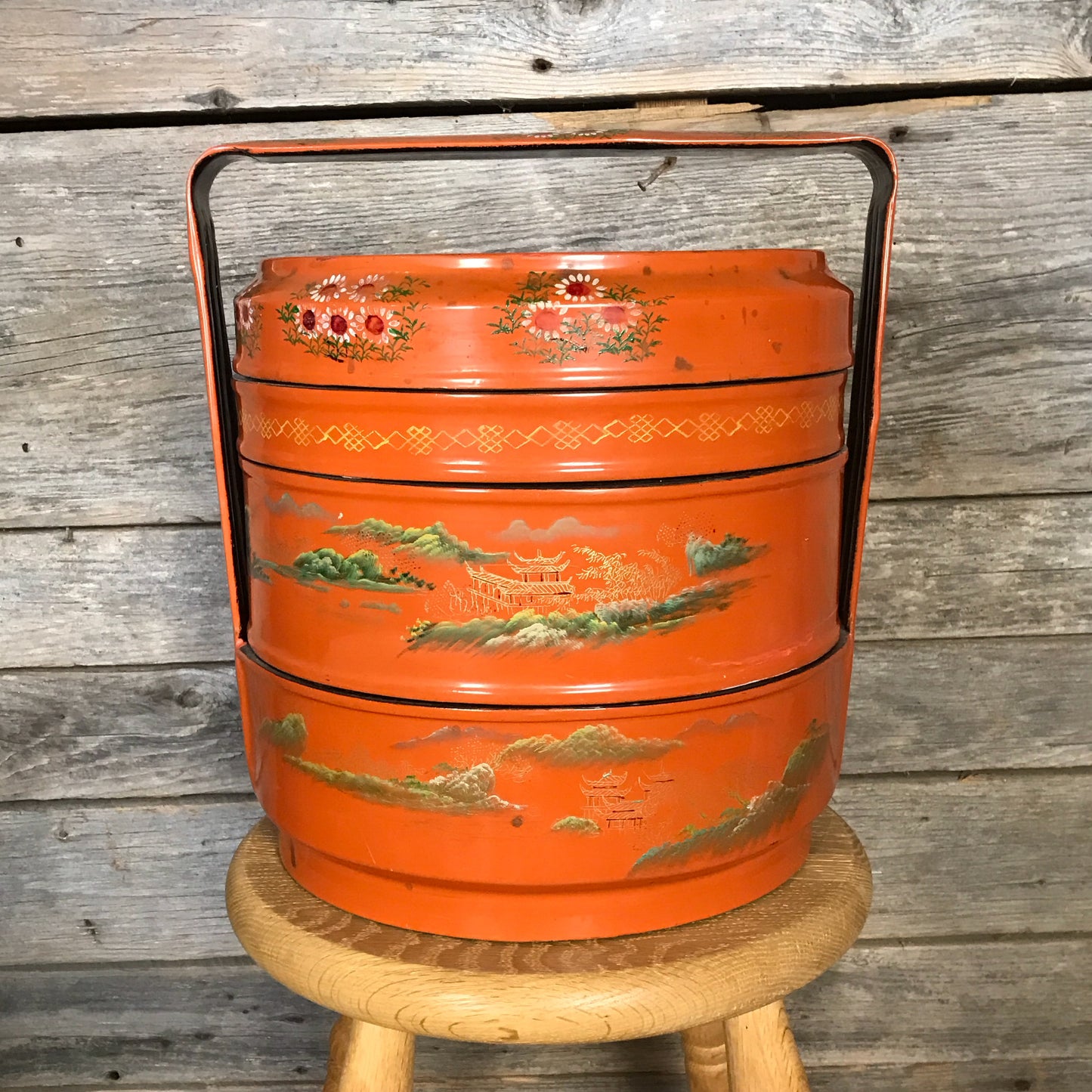 Mid 20th Century Chinese Orange Lacquer Wedding Basket