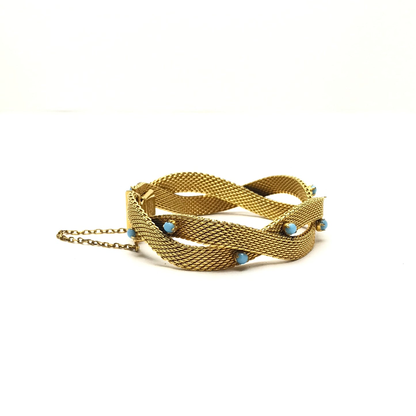 Gold Metal Mesh Bracelet with Turquoise Coloured Stones, Signed Radi Spain