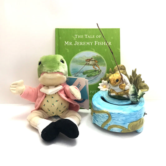 Jeremy Fisher Gift Lot, Music Box (Repaired), Plush Toy, and Storybook