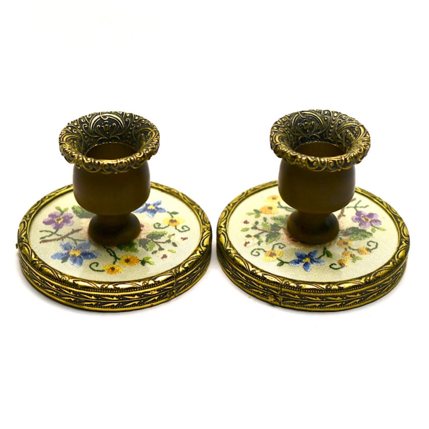 Petitpoint Candlesticks, Vintage Candle Sticks, Pair