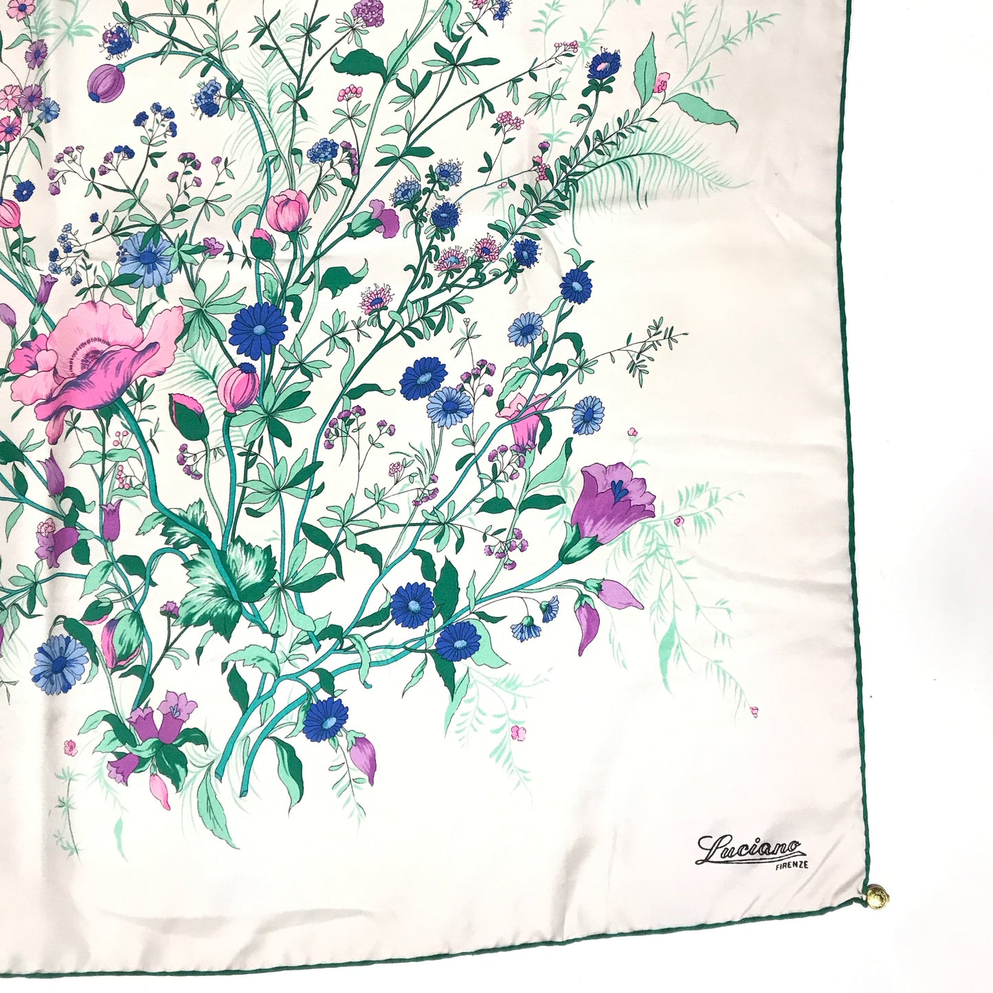 Luciano Firenze 100% Silk Floral Scarf, Pinks Blues, and Greens, MINOR WEAR, Square 30 inches.