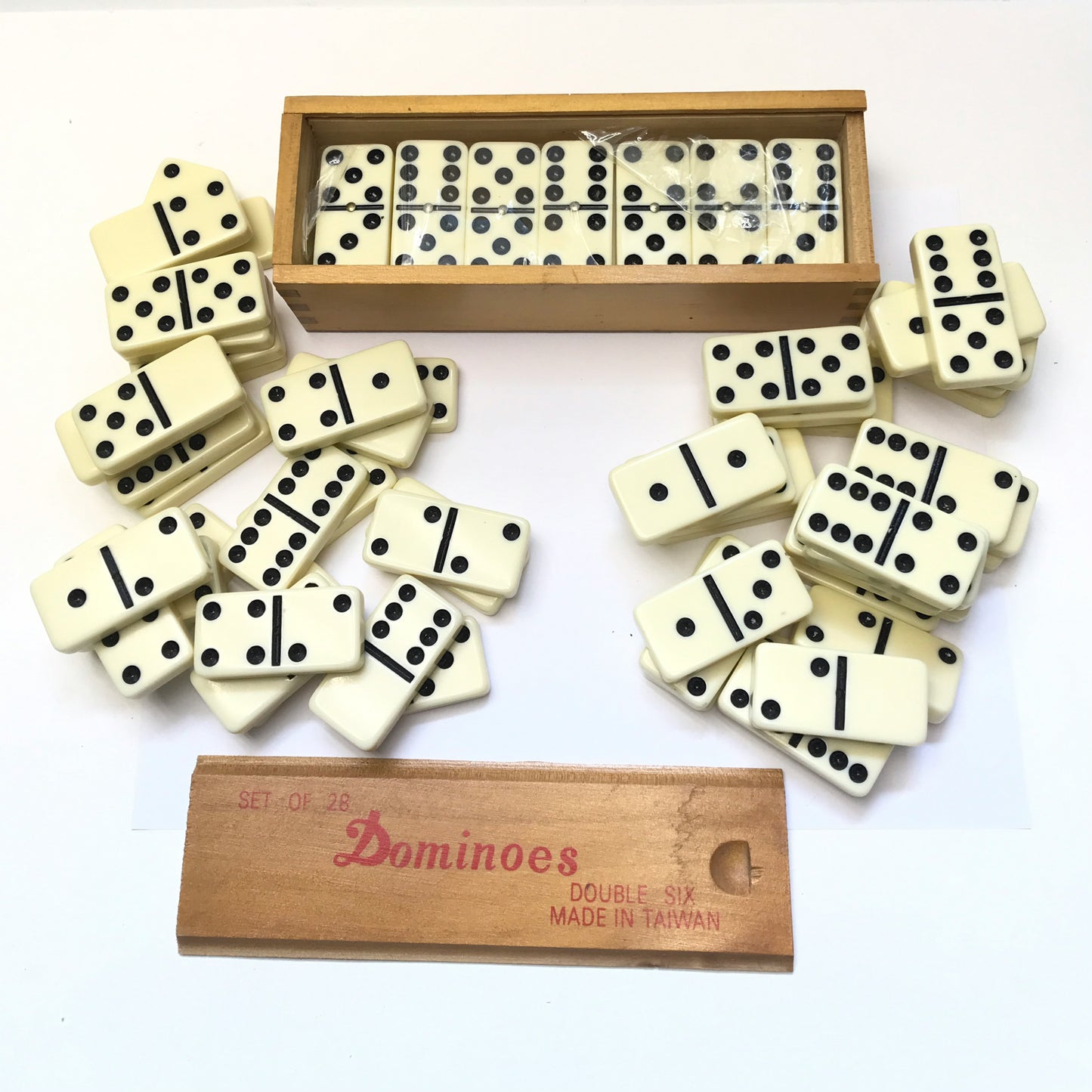 Lot of Vintage Dominoes, Double Six Boxed Set Plus 2 Other Sets, One Set missing one tile, 83 Dominoes, Bakelite-like Hard Plastic Material