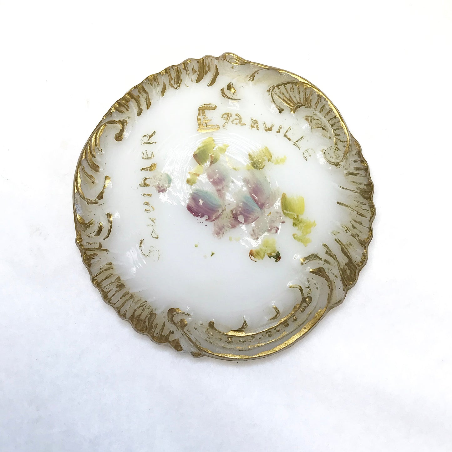 White Glass Souvenir Powder Jar or Trinket Dish, Souvenir of Eganville