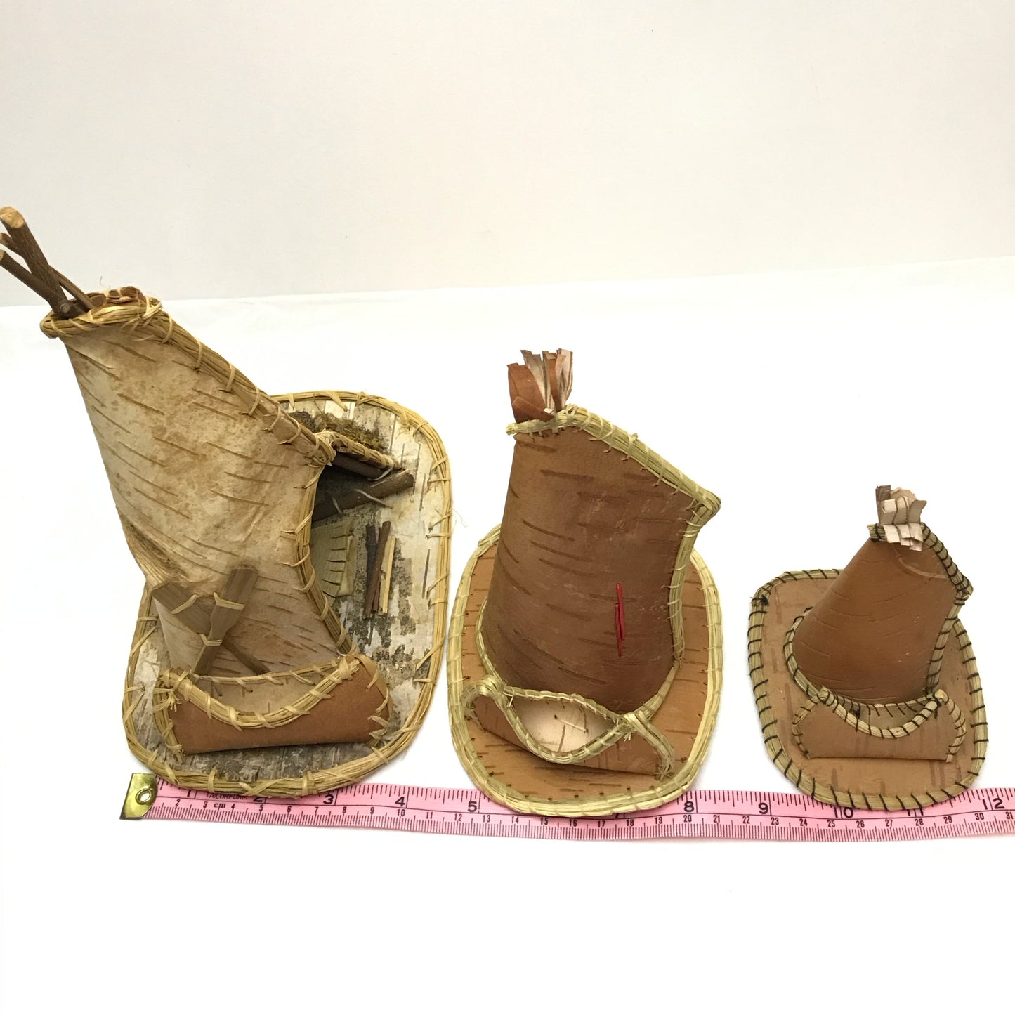 Trio of Birch Bark Campsite Dioramas, Handmade TiPi, Native Scene Sculptures