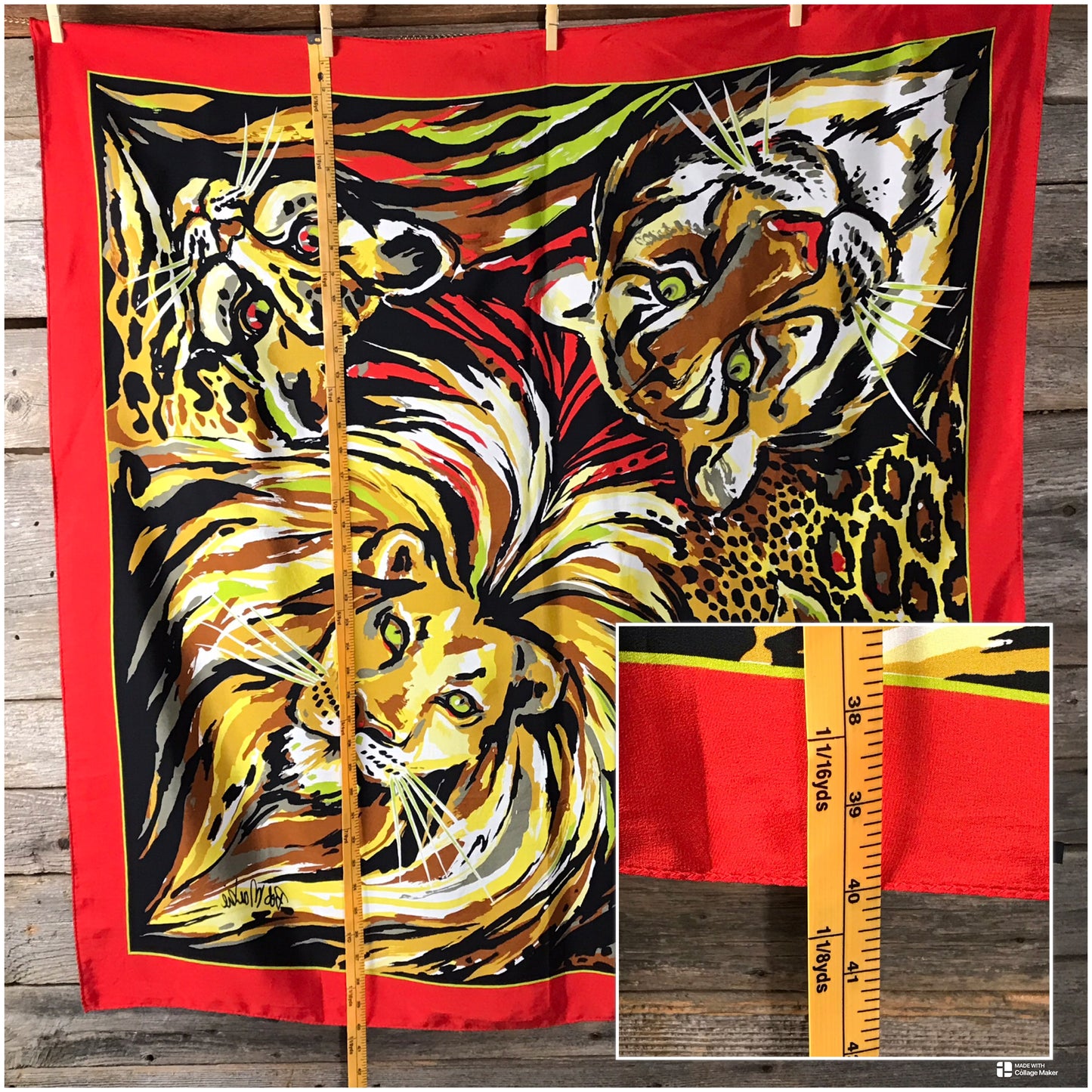 BOB MACKIE Wild Cat Silk Scarf, Large Scarf with Heads of Lion, Tiger, Leopard, & Cheetah (SOLD)