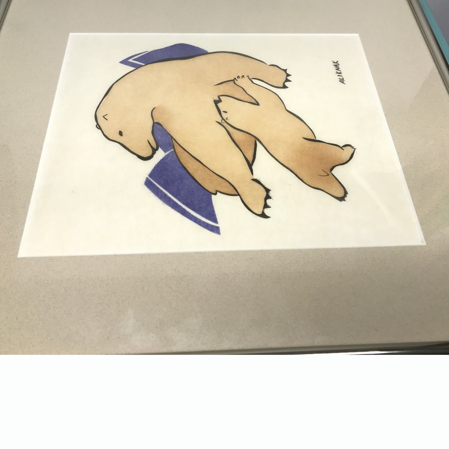 Stone Cut Print of Polar Bears in Frame, Signed Native Art