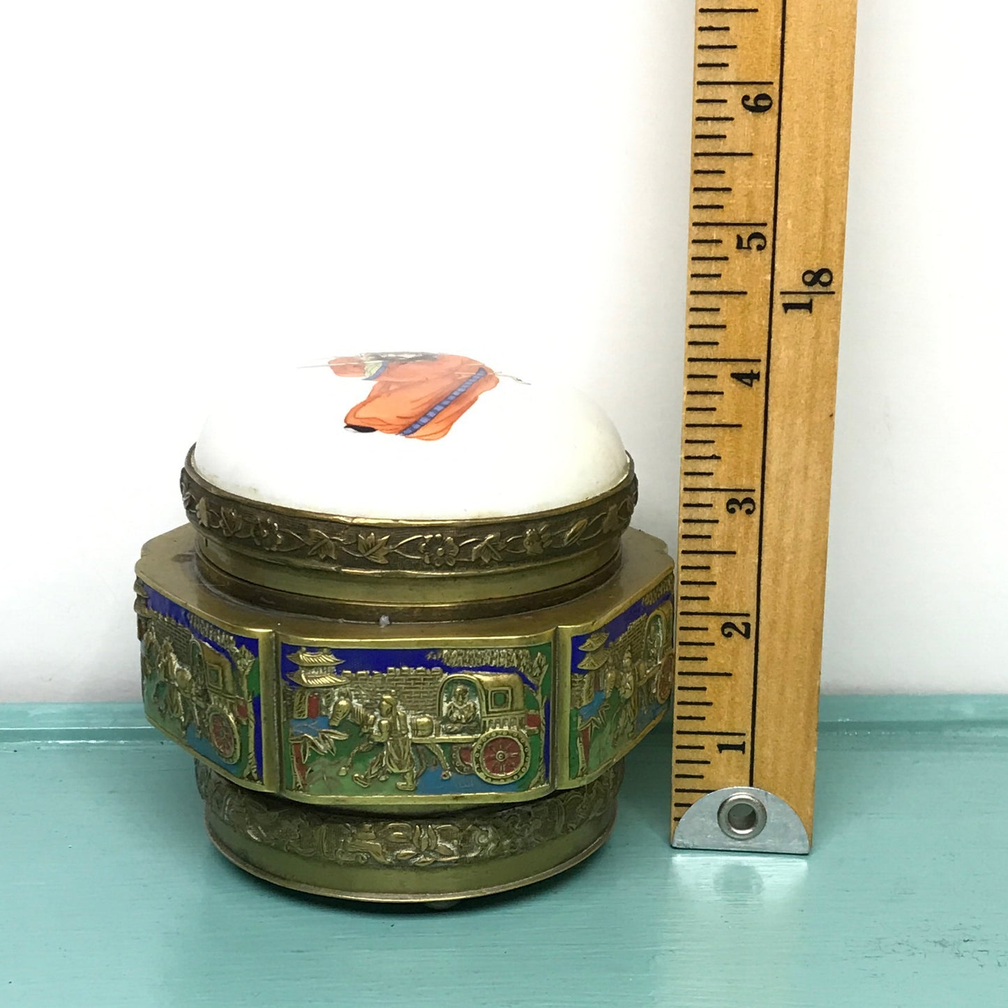 Brass Footed Jar with Hand Painted Porcelain Lid