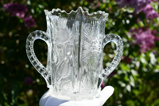 Antique Clear Higbee Pressed Glass Spooner Vase with Double Handles