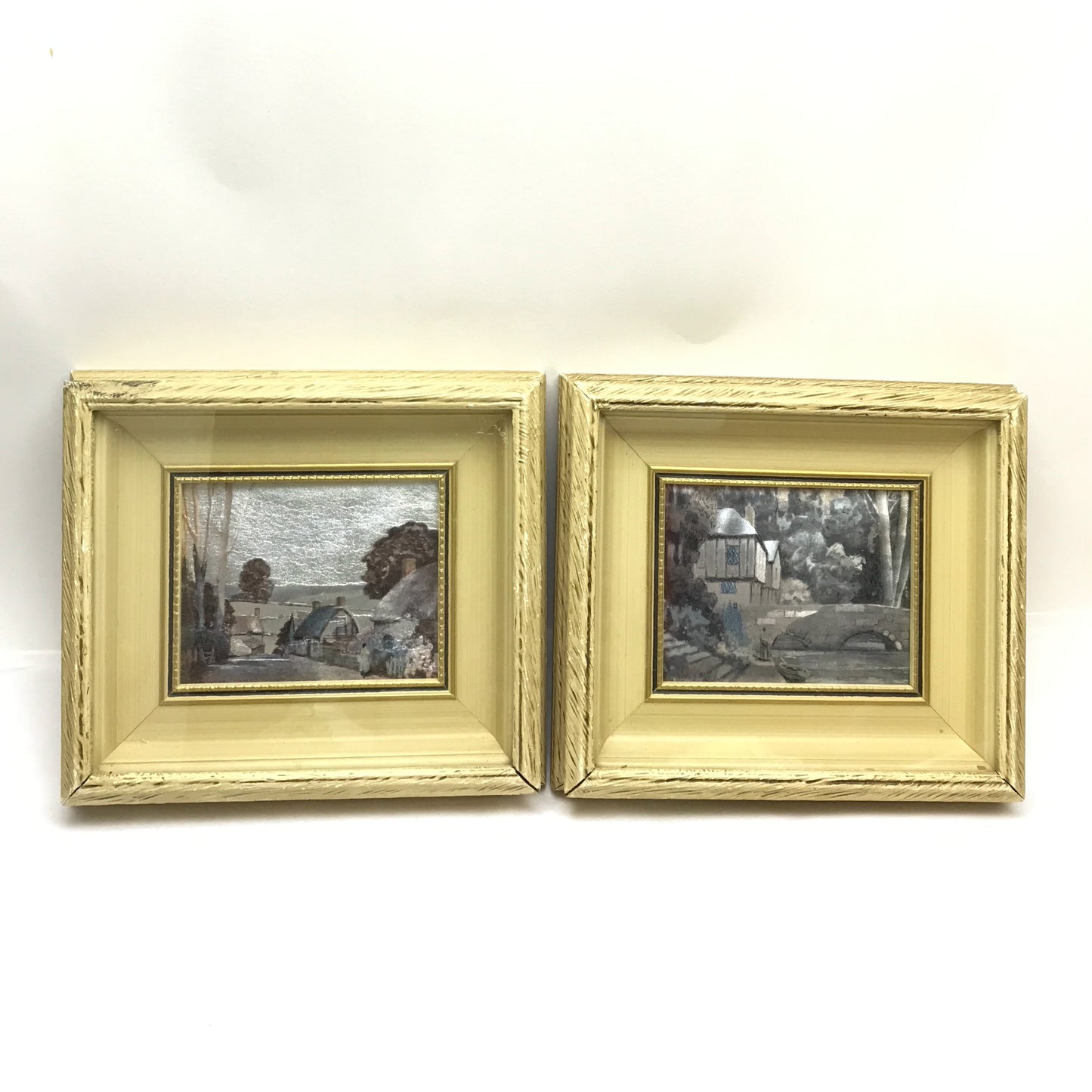 2 Foil Art Pictures Village Streets in Shadow Box Frames, Need Cleaning