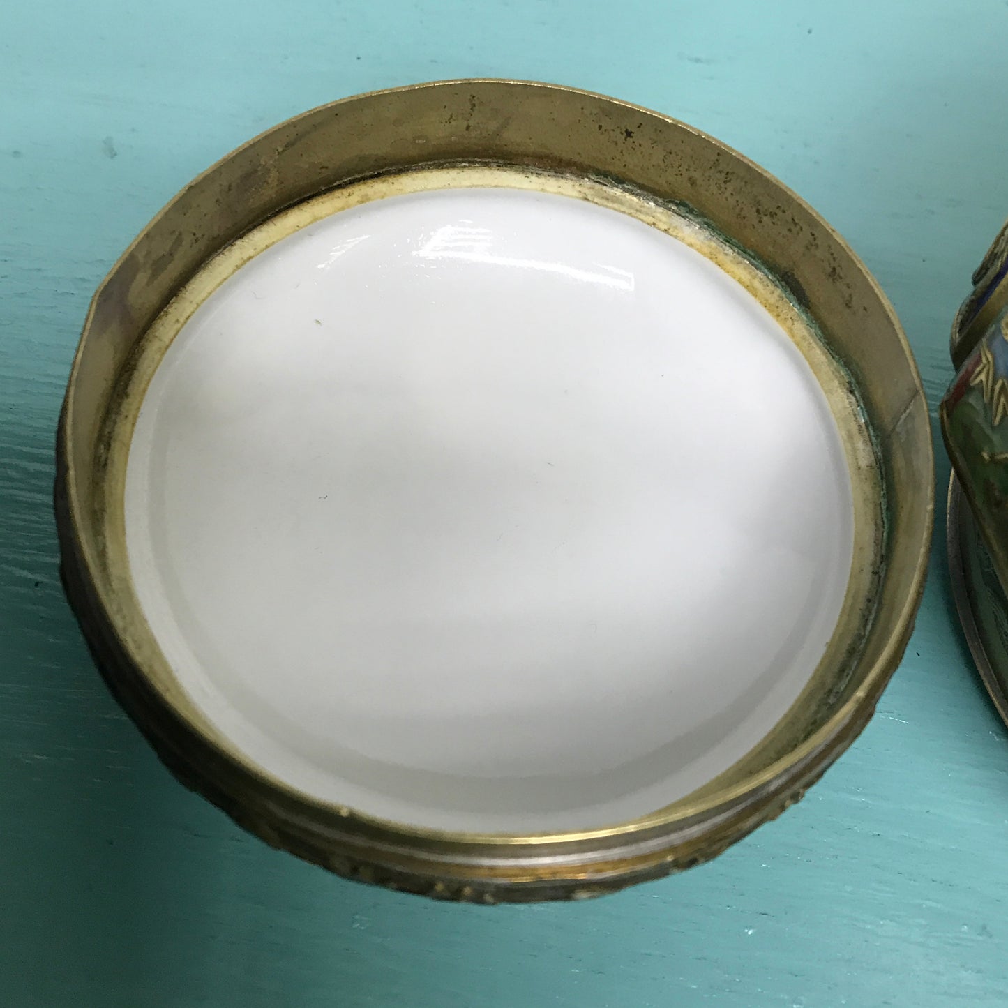 Brass Footed Jar with Hand Painted Porcelain Lid