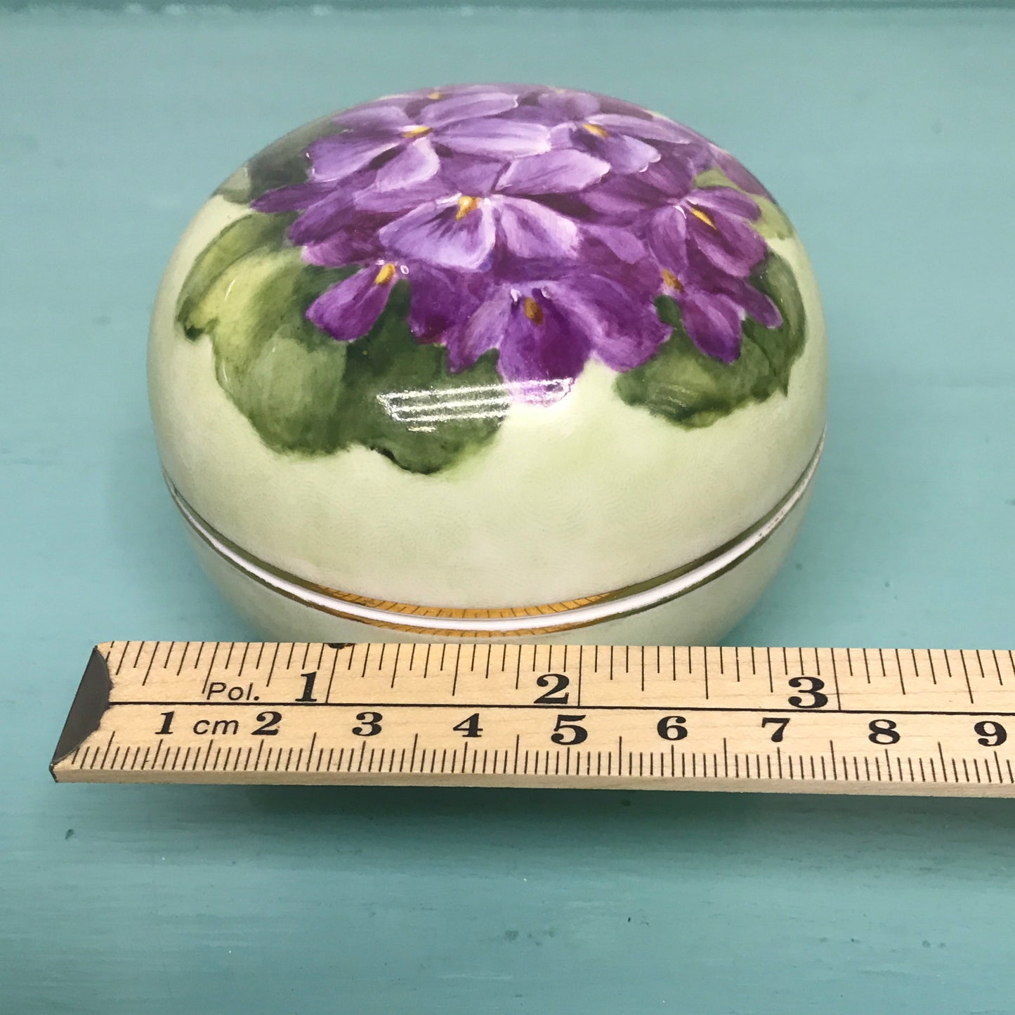 Vintage Hand Painted Ceramic Powder Jar with Violets, Cosmetic Jar, Trinket Box