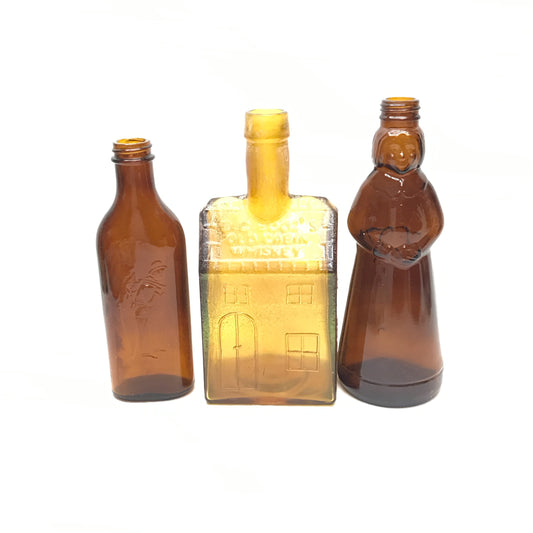 3 Collectible Brown Glass Bottles, Mrs Butterworths, Cod Liver Oil, EG Booz