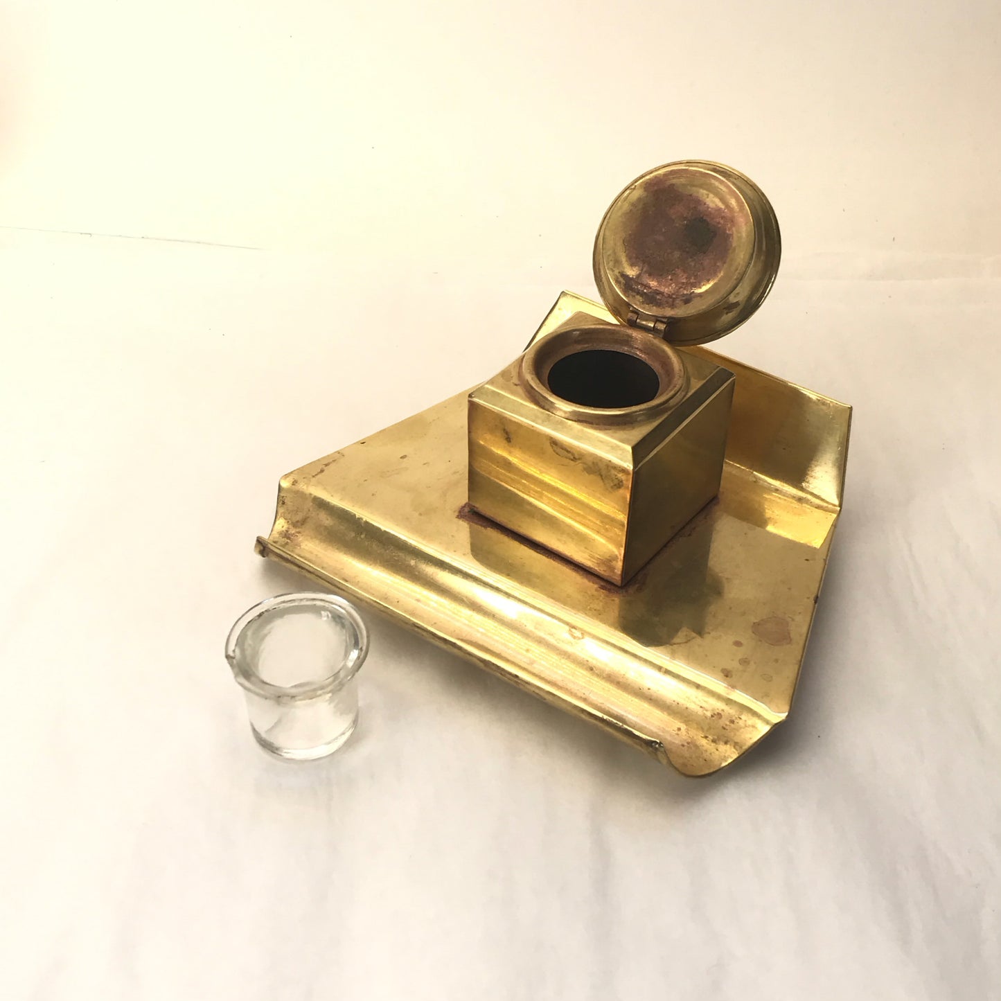 Vintage Brass Plated Copper Inkwell with Glass Liner, Military Style Fountain Pen Inkwell, SIGNIFICANT WEAR and DISTRESS