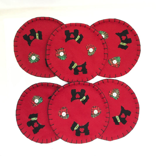 Set of 6 Handmade Scottish Themed Coasters, Scottie Dogs, MOP Buttons